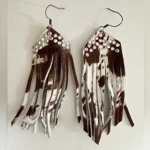 Brown and White Fringe Earrings with Rhinestones